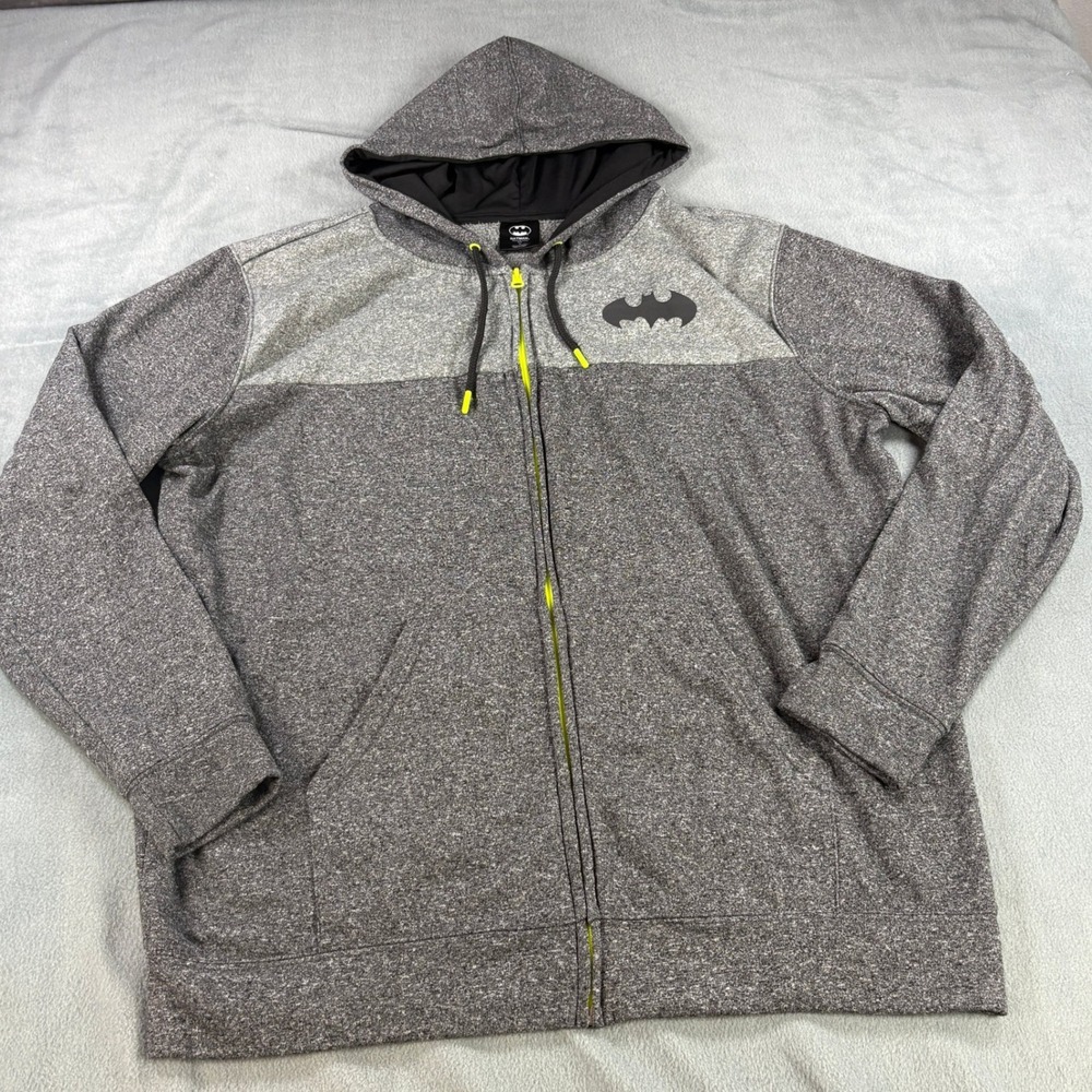 Batman DC Comics Mens XL Full Zip Hoodie Heather Grey Colorblock Neon Yellow Zip